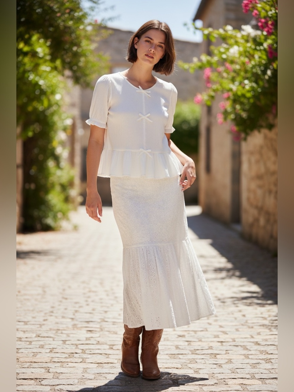 Coquette Cottagecore White Bow Front Puff Sleeve Balletcore Peplum Top